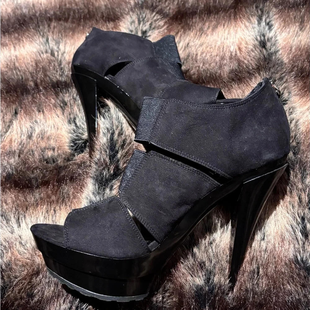 Vintage 2010 Jessica Simpson Black Suede zip up Platform Peep-Toe Heels - Women